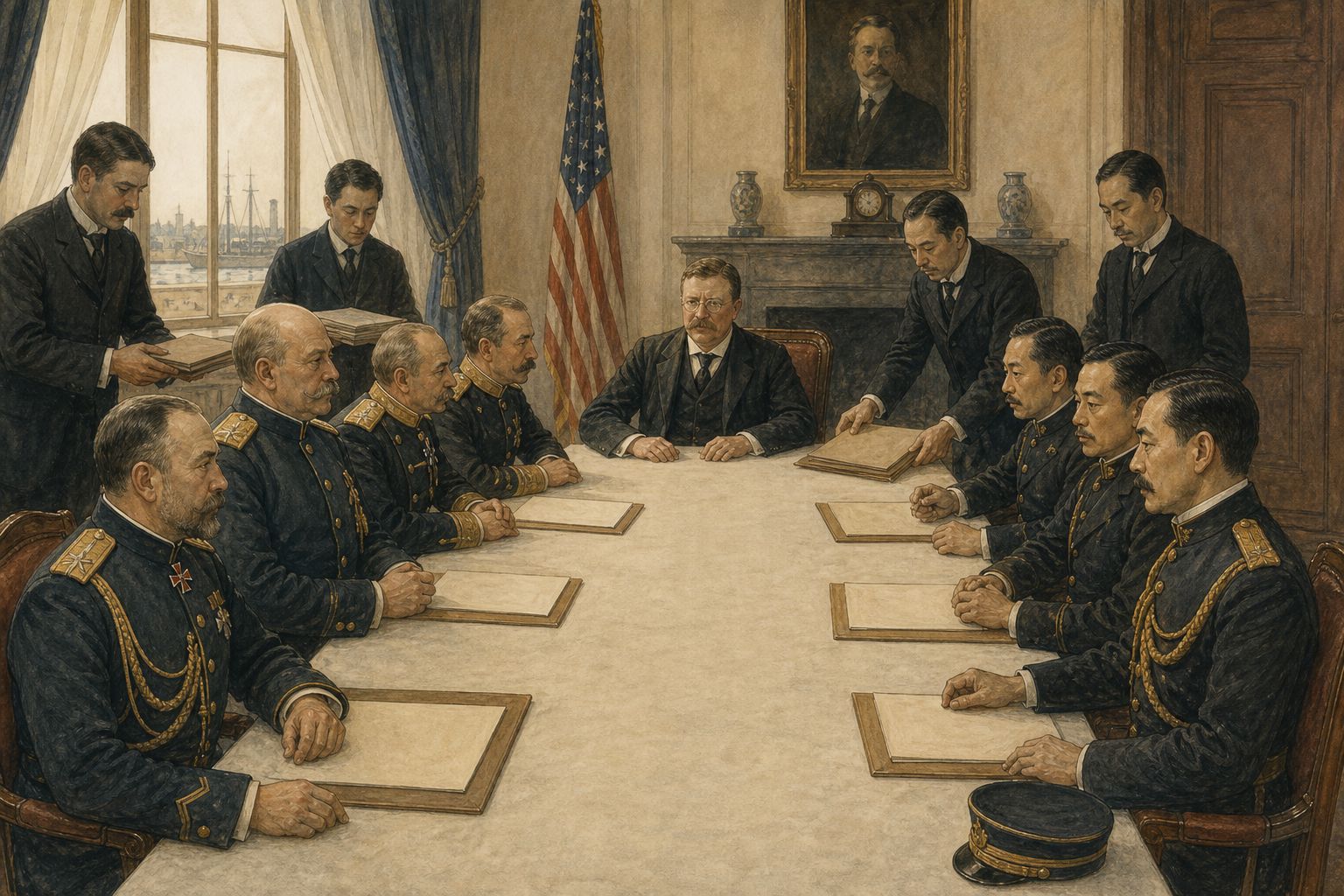 Japanese and Russian delegations gather around blank documents in the Portsmouth conference room beneath a portrait of Roosevelt