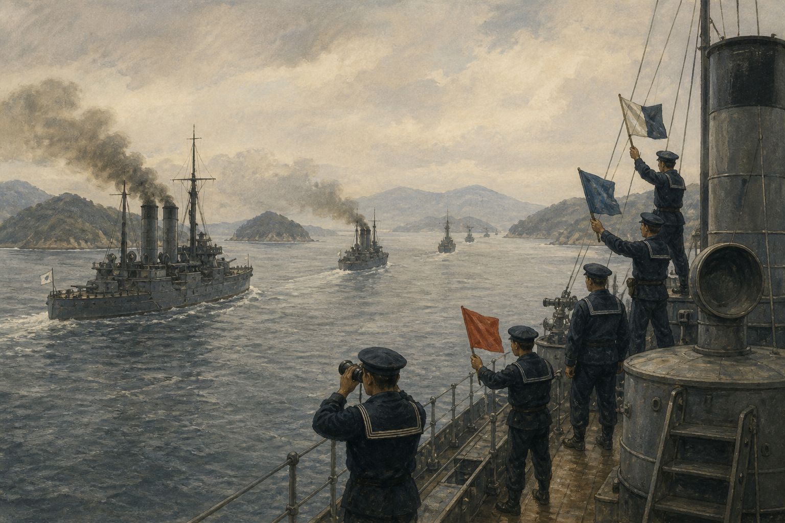 Japanese naval signalmen watch steam warships and raise plain flags in the island-dotted Tsushima Strait