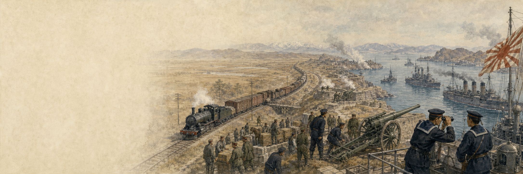 A Russo-Japanese War panorama linking a Manchurian railway and artillery positions with steamships in a coastal harbor