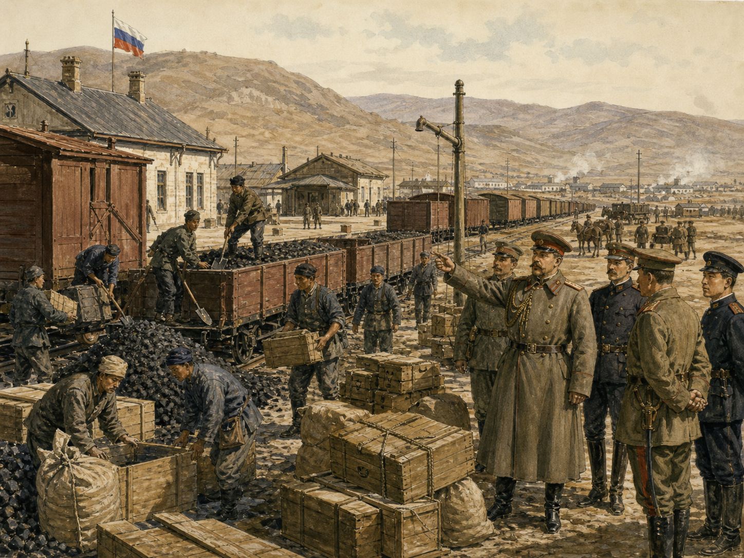 Workers handle coal and crates at a Manchurian railway station with Russian soldiers and freight cars beneath distant hills