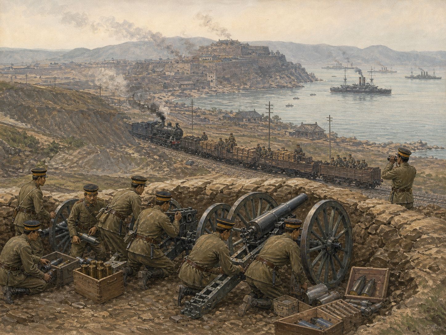 Artillery crews guard a railway line from high ground overlooking Port Arthur’s harbor and fortifications