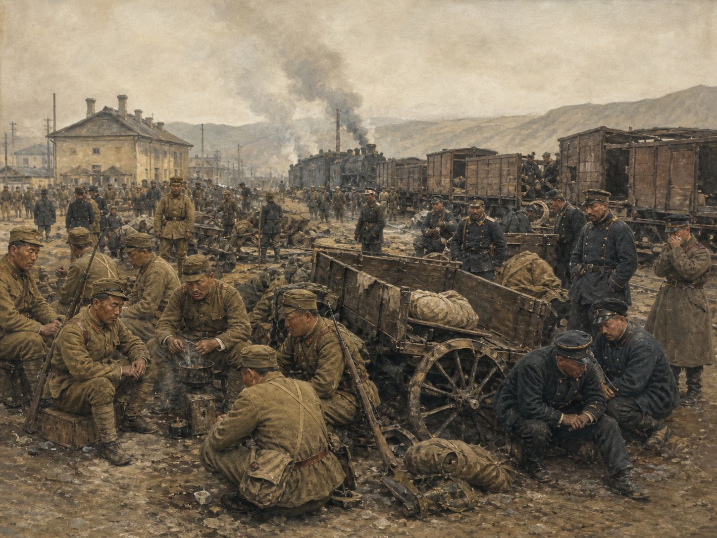 Tired soldiers and railway workers rest beside carts and freight cars at a Manchurian field station in 1905