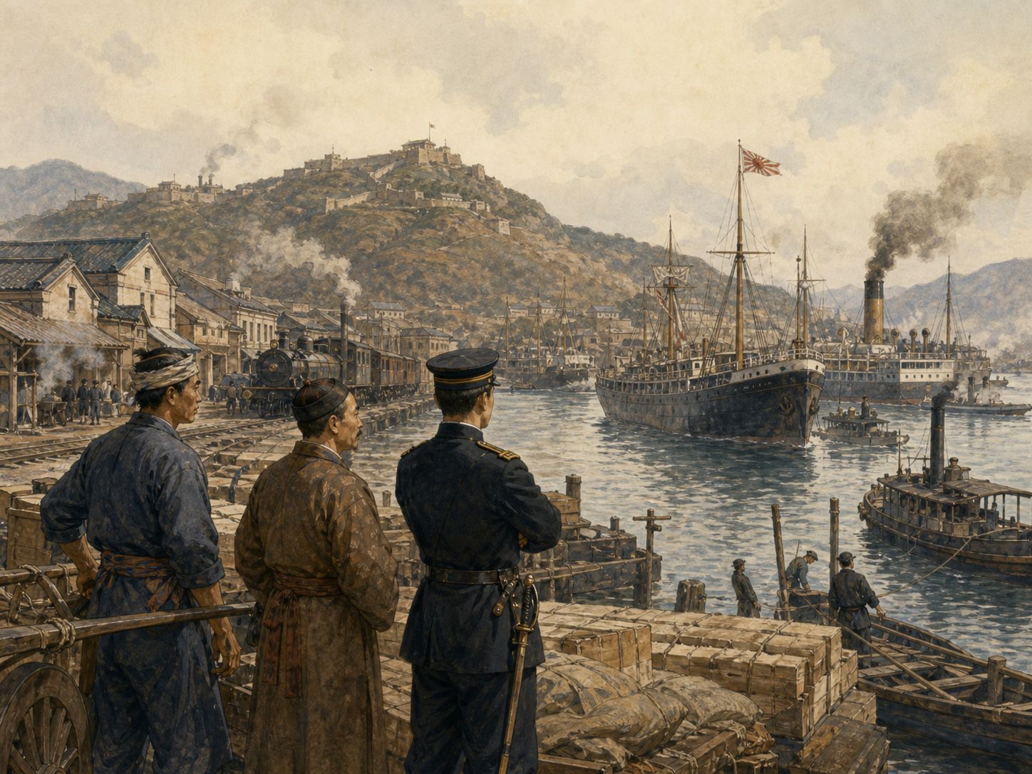 Harbor workers and uniformed observers watch steamships and railway traffic gather at an East Asian port