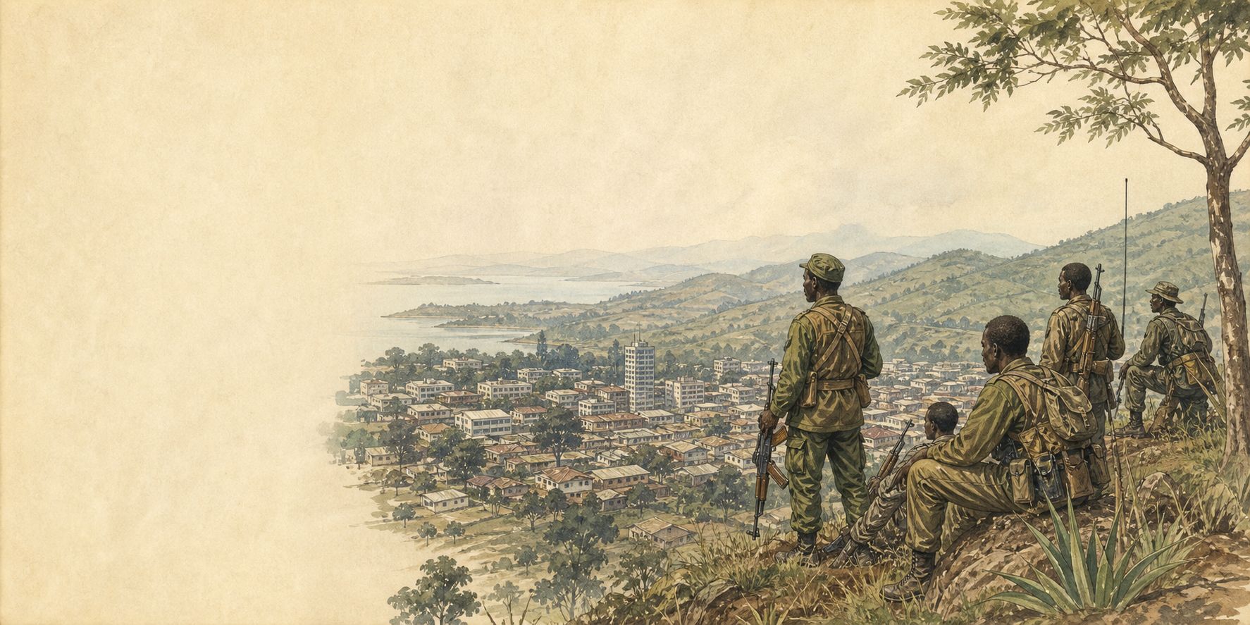 Reconstruction of residents and aid workers moving through Kigali amid uncertainty in 1994