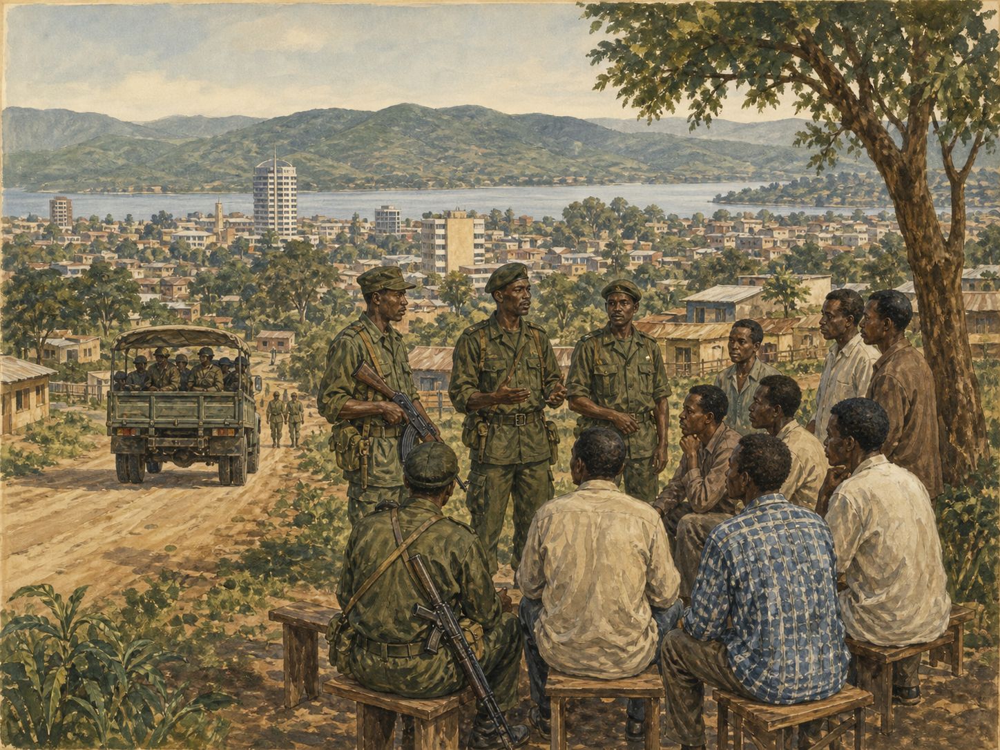 Historical reconstruction of Rwandan Genocide's background: Colonial ethnic classification, post-independence exclusion, civil war, economic crisis, and backlash against peace negotiations created conditions for organized violence.