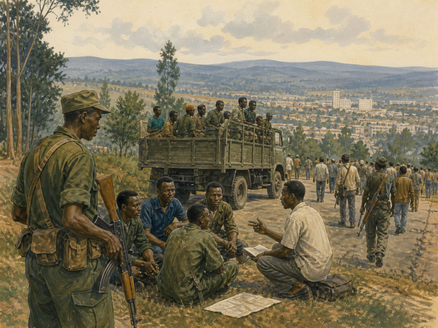 Historical reconstruction of Rwandan Genocide's central action: After the 6 April 1994 plane assassination of President Juvénal Habyarimana, extremist authorities, soldiers, and militias targeted Tutsi and moderate Hutu and extended the killings through local networks.