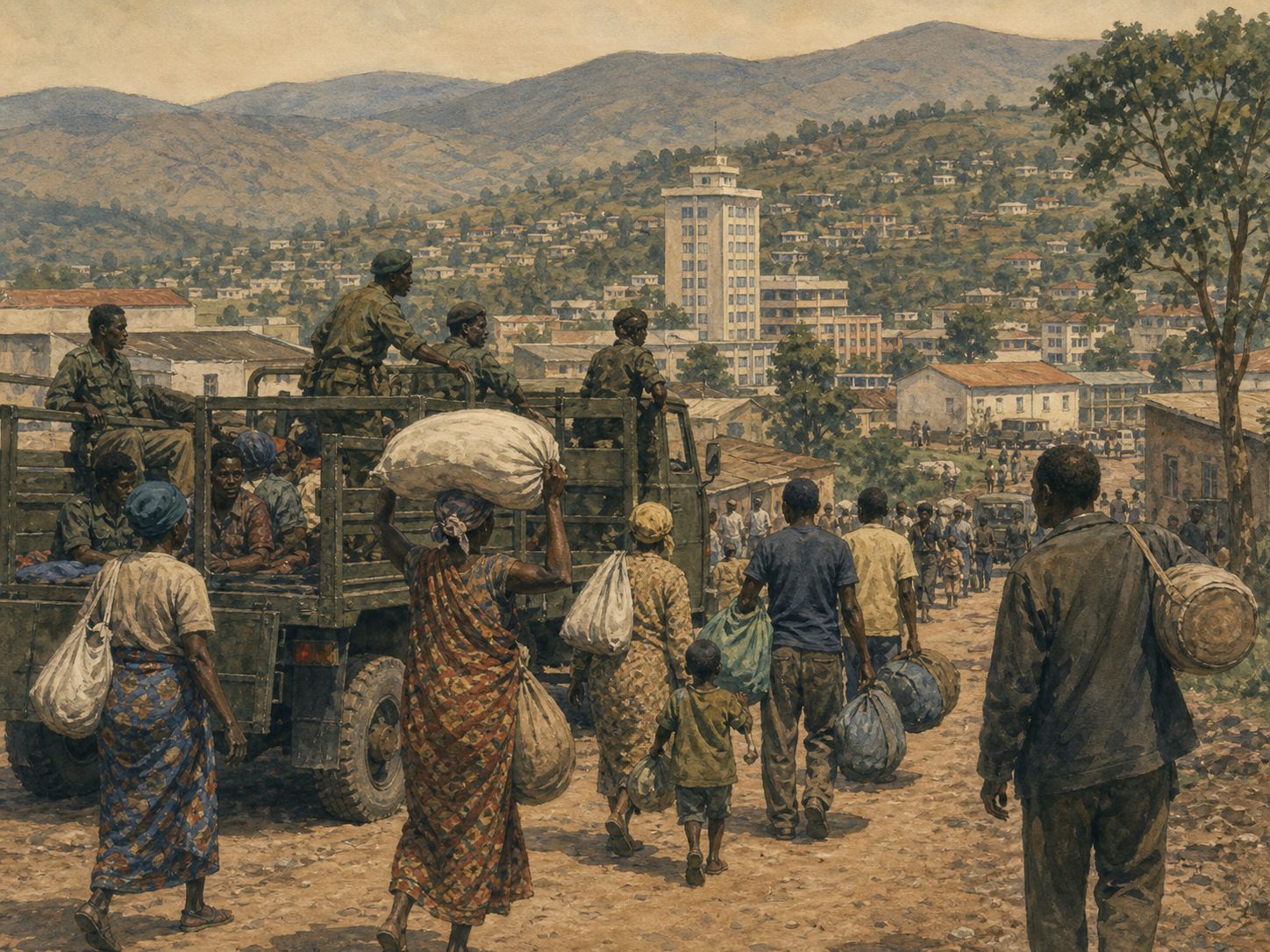 Historical reconstruction of Rwandan Genocide's immediate aftermath: The Rwandan Patriotic Front captured major cities in July and stopped the genocide.