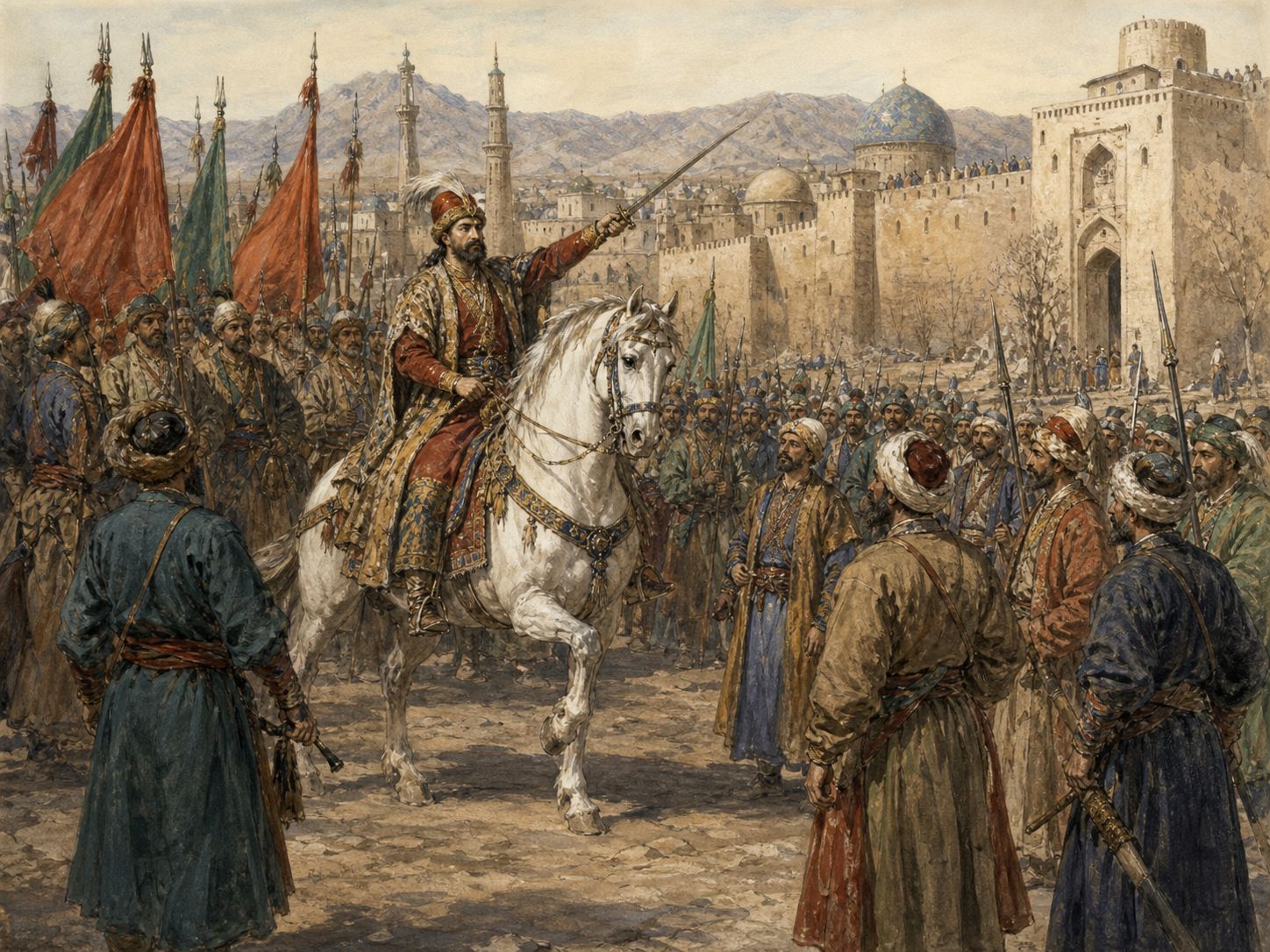 Historical reconstruction of Foundation of the Safavid Empire's central action: With Qizilbash military support, Ismail defeated the Aq Qoyunlu and brought cities across the Iranian plateau under his rule.