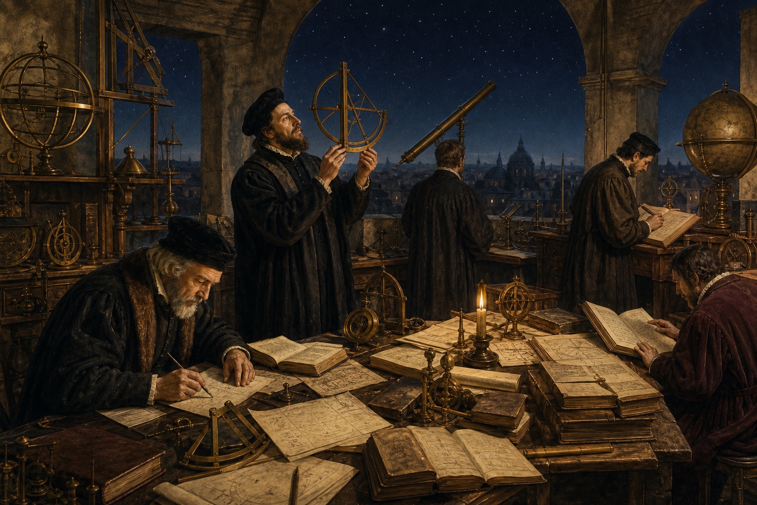 Illustrated reconstruction of natural philosophers examining a telescope and prism together