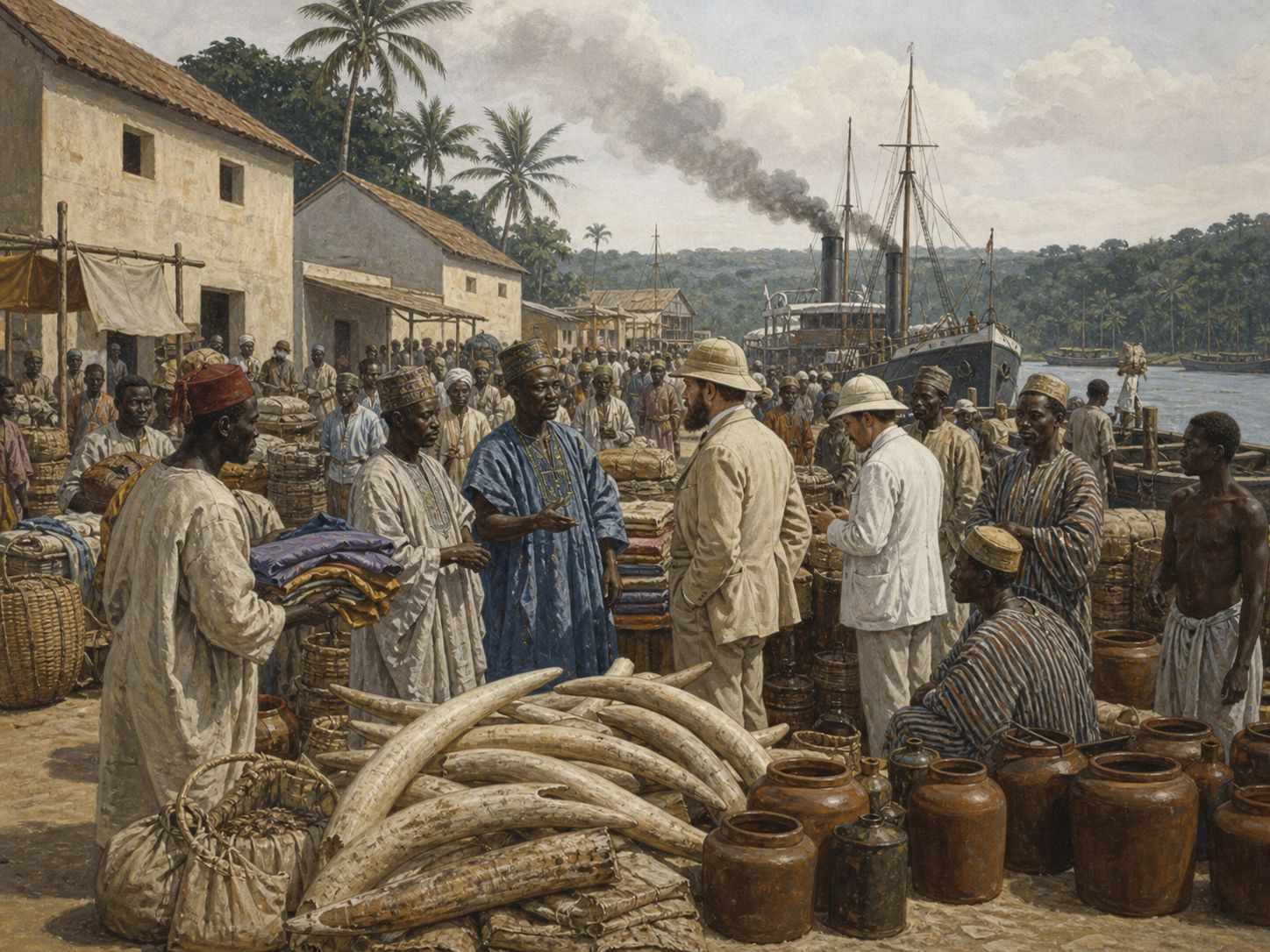 African and European traders exchange goods at a river port while a steamship lies at anchor