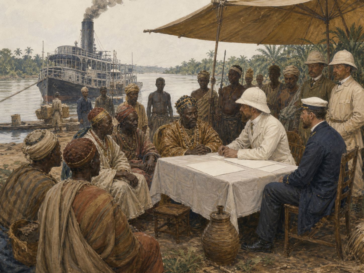 Historical reconstruction of Scramble for Africa's central action: At the Berlin Conference of 1884–1885, European states discussed procedures for territorial claims.