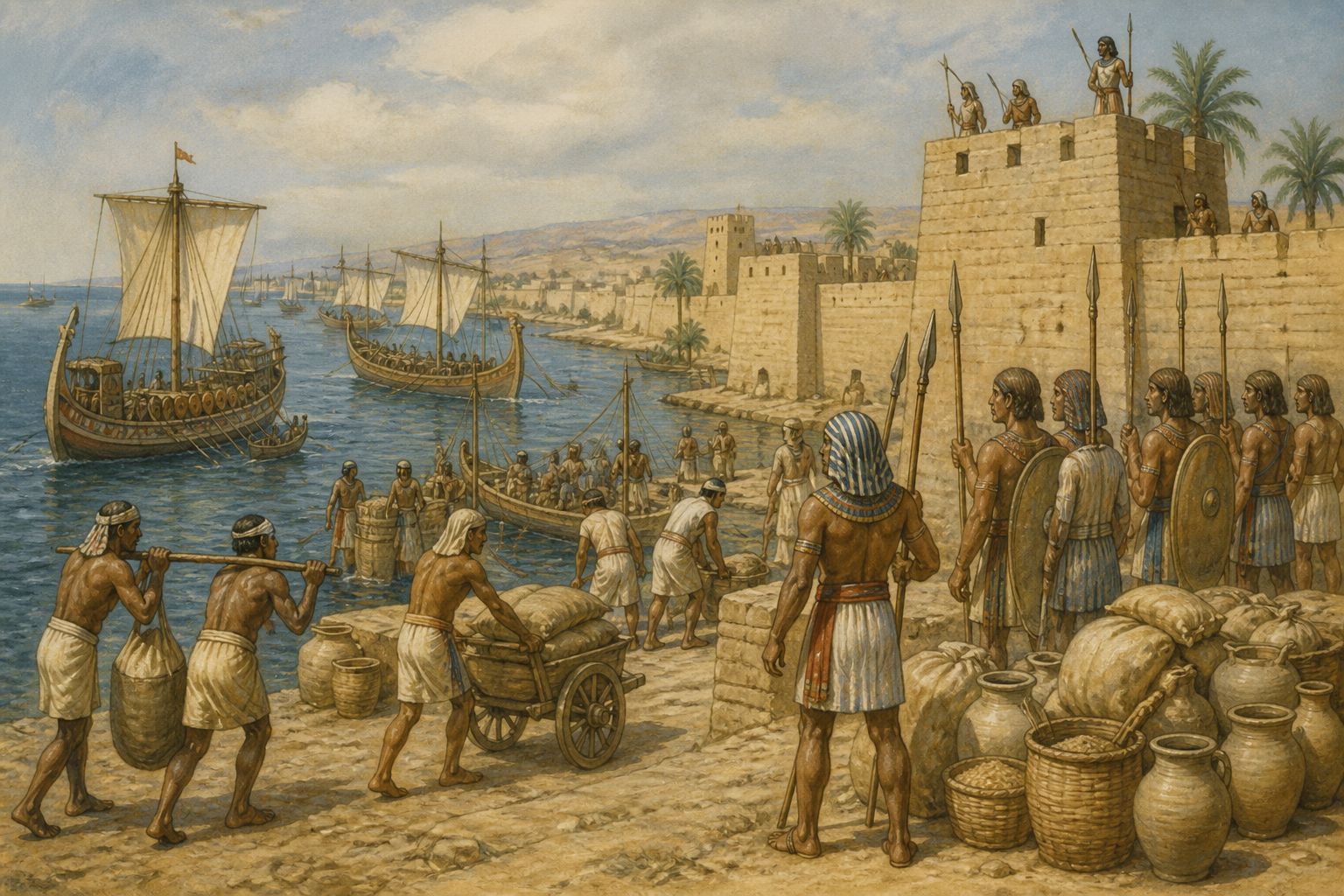 People arrange ships and provisions behind a river landing in a Ramesside-era defense scene