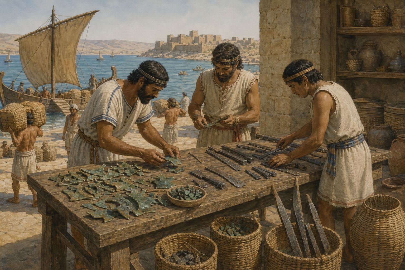 People sort bronze fragments and early iron tools on a workbench in an early Iron Age workshop