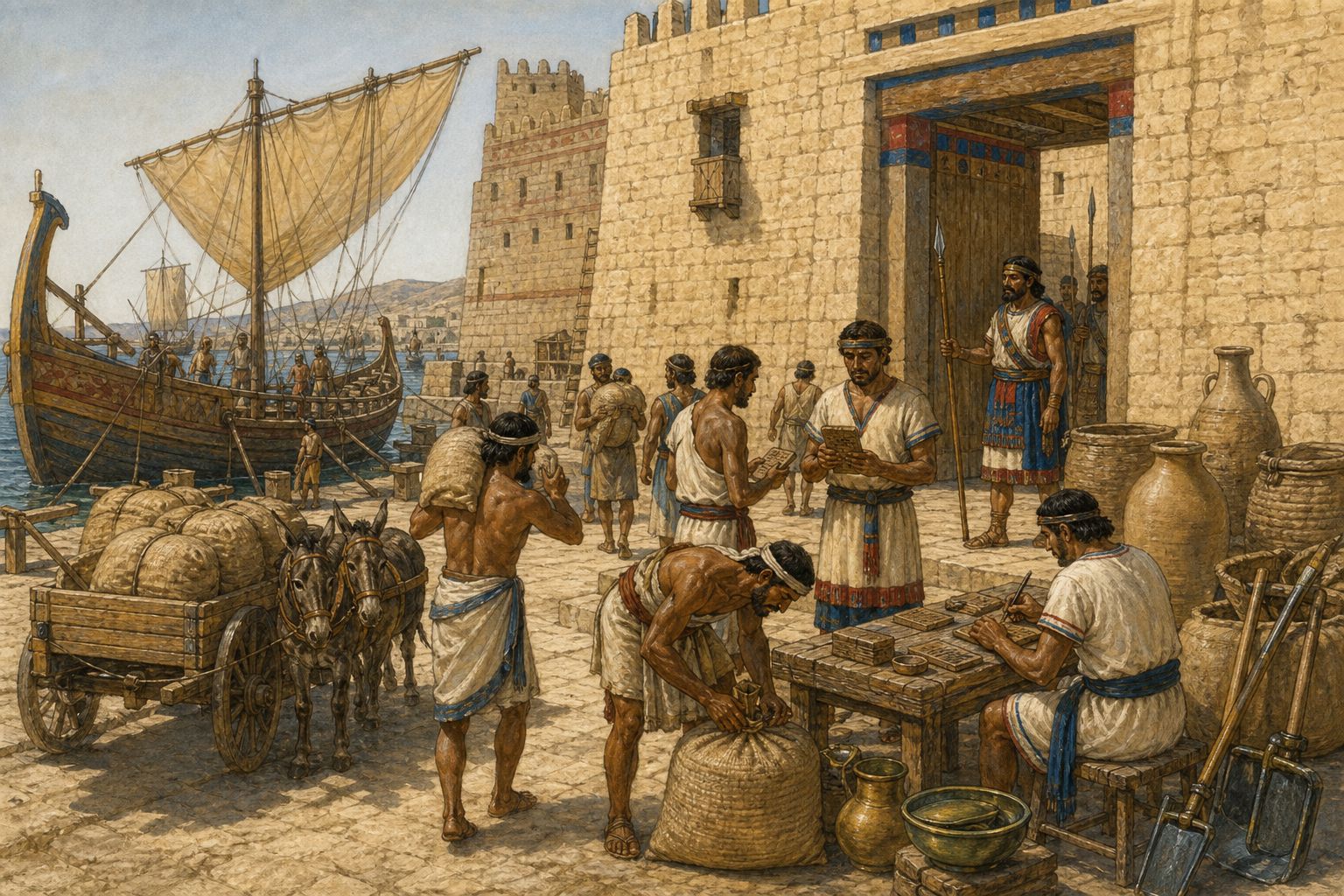 People record grain deliveries beside a palace gate with bronze equipment and blank clay tablets