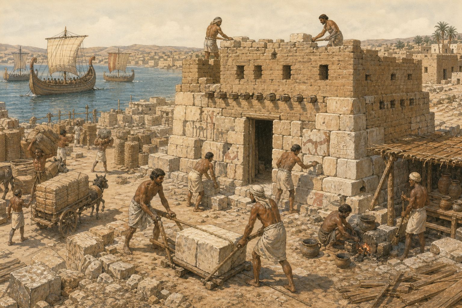 Local workers build a small fortified storehouse from reused palace stones in a transformed settlement