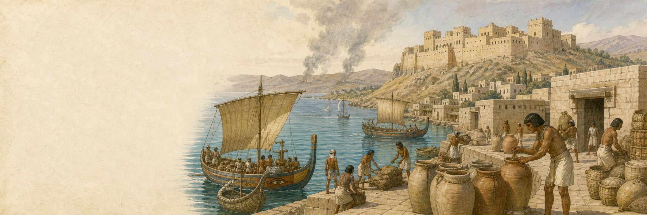 People secure grain jars and boats beneath a threatened eastern Mediterranean citadel around 1200 BCE