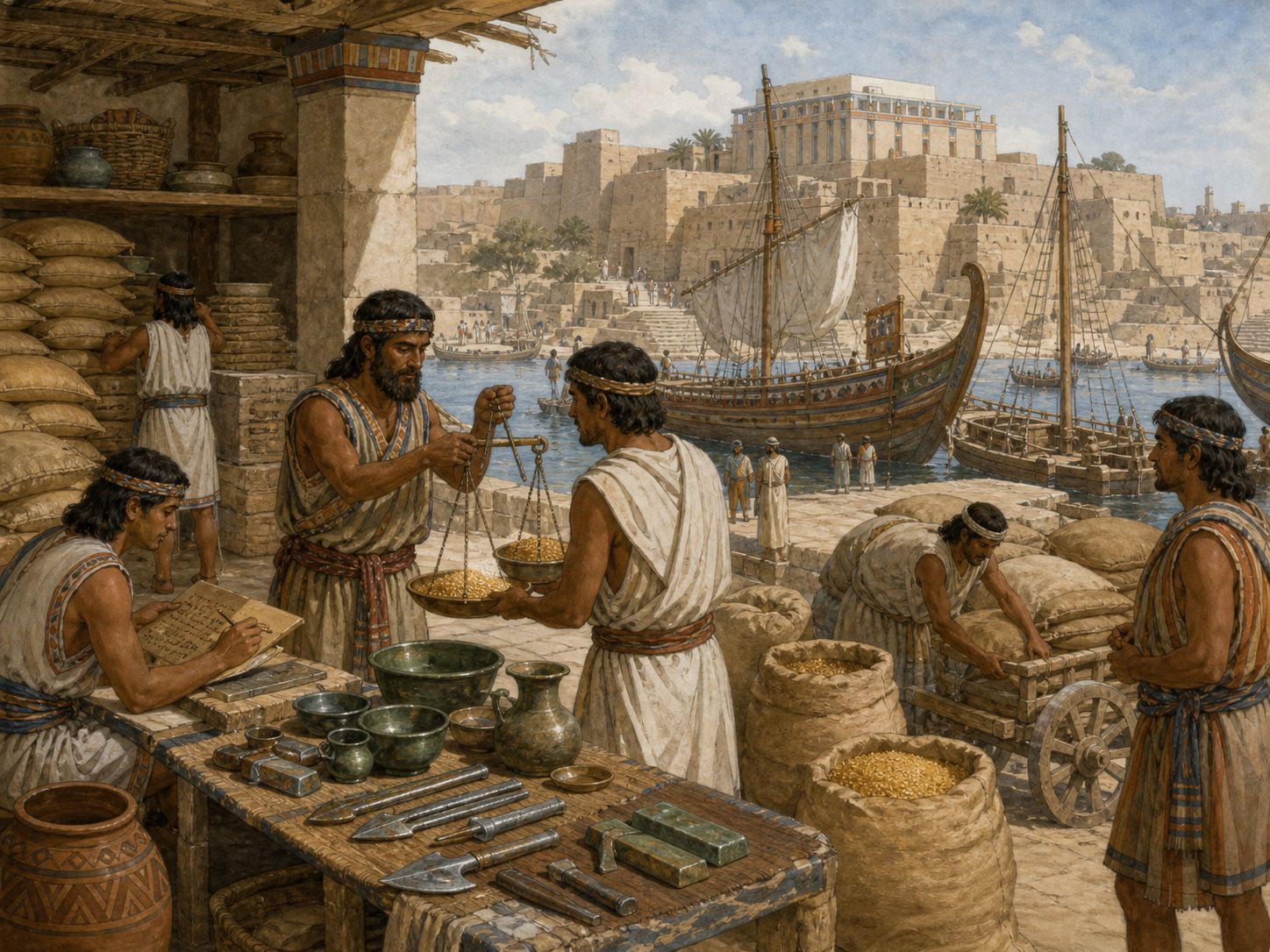 People weigh grain and bronze goods between warehouses in a Late Bronze Age port