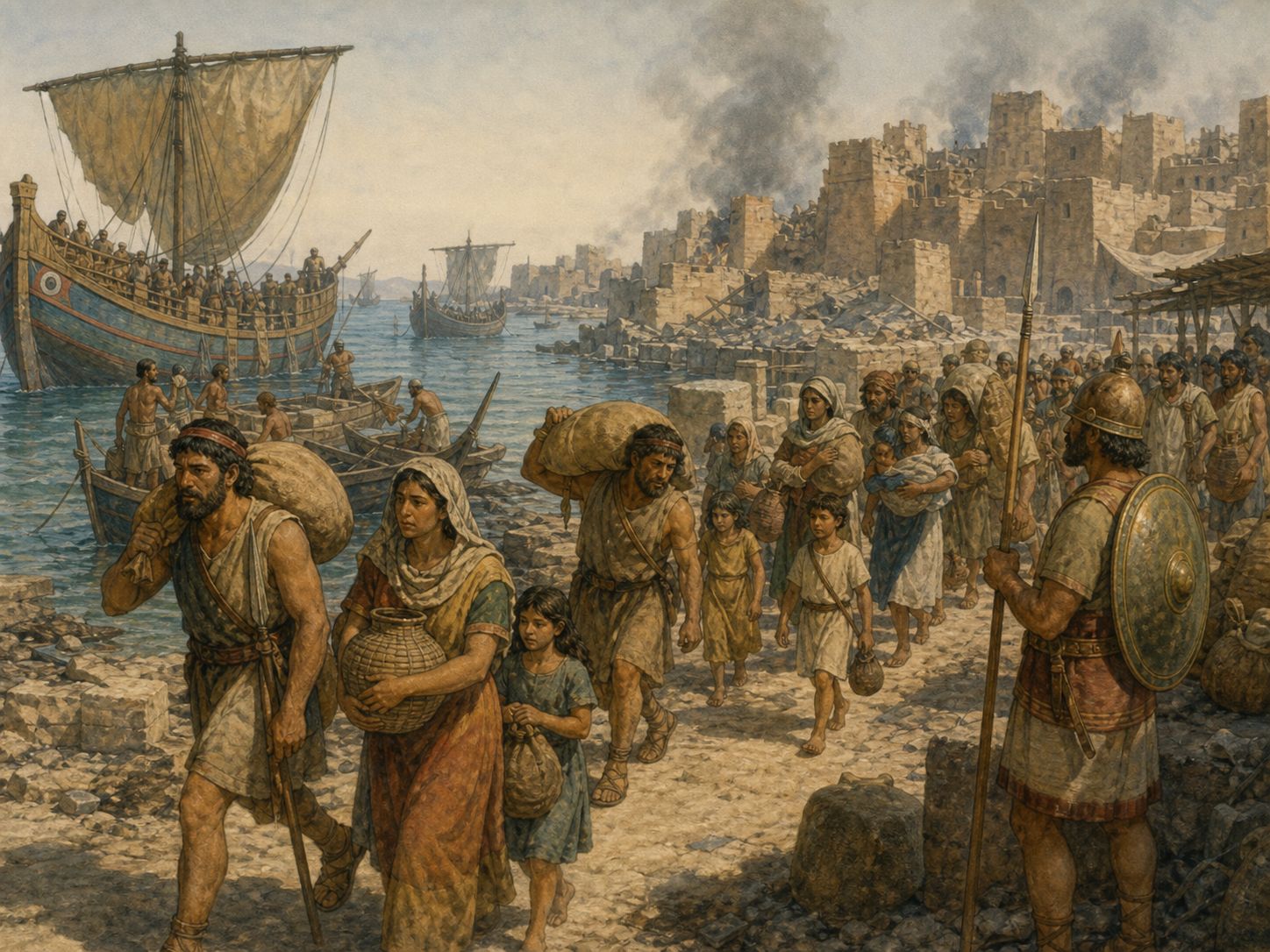 Sailors and residents move families and cargo away from a damaged Levantine quay