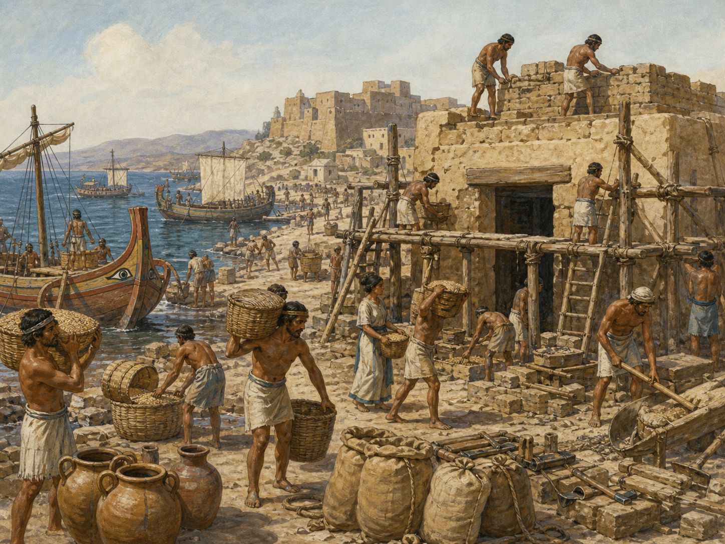 People rebuild a storehouse and redistribute grain in a settlement beside a changed shoreline