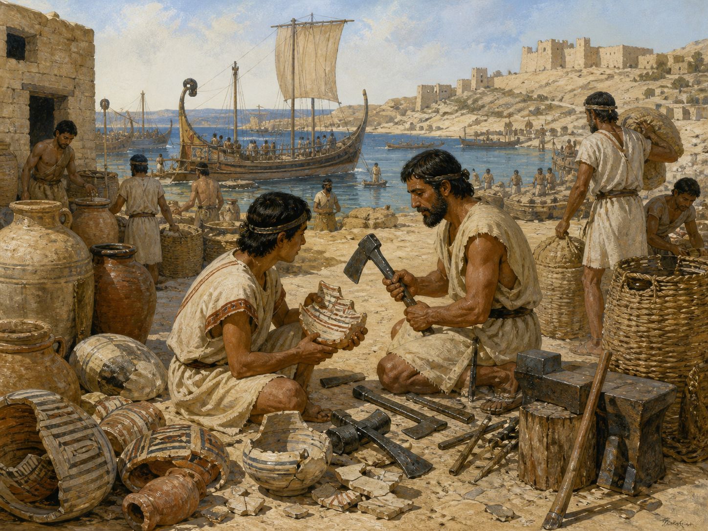 People compare broken palace goods with new village tools in an early Iron Age workshop