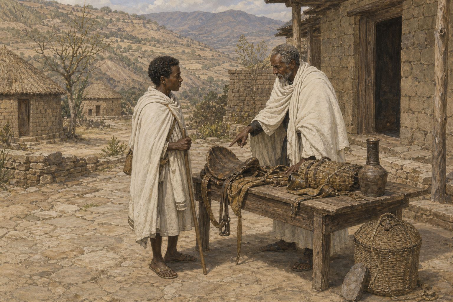 A worn saddle, cloth bags, wooden boxes, and spear-like tools arranged on rough cloth