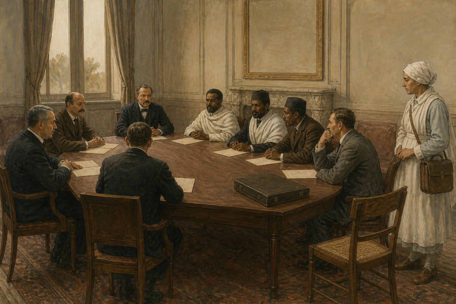 Delegates and a relief worker sit with blank documents at a diplomatic table