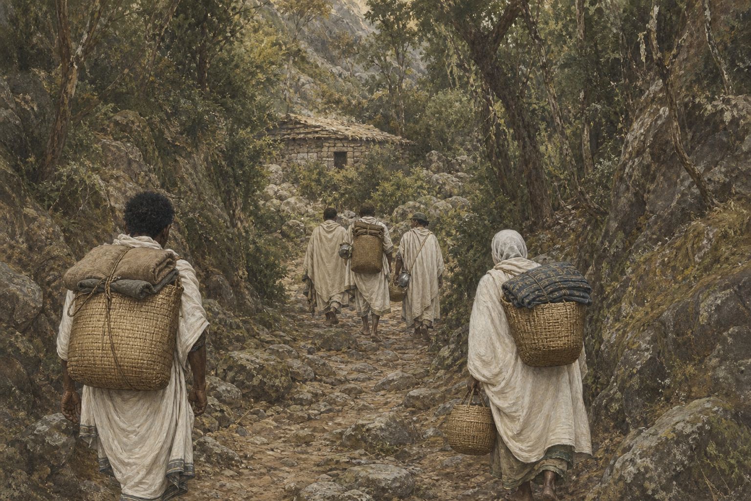 People carry supplies along a rocky route in a forested ravine