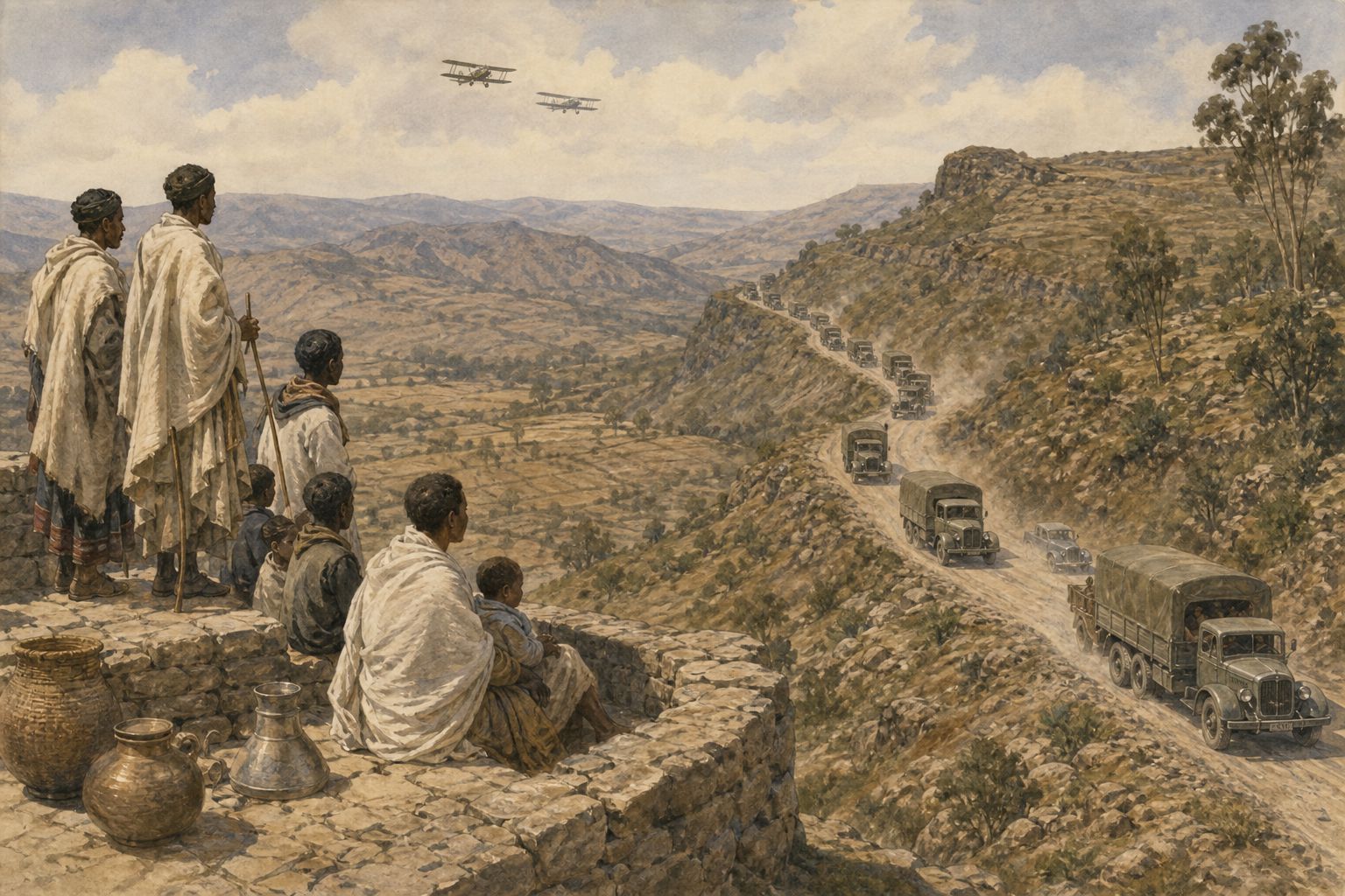 People watch a vehicle column and aircraft moving along a highland ridge