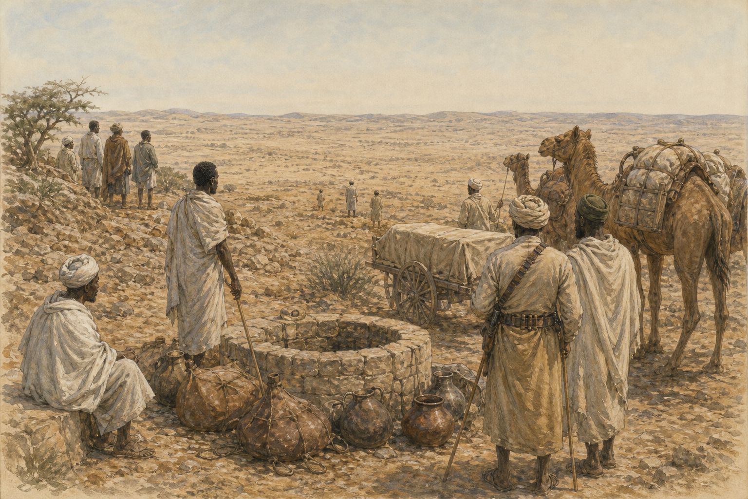 Camels and scouts move around a dry well with low hills in the distance