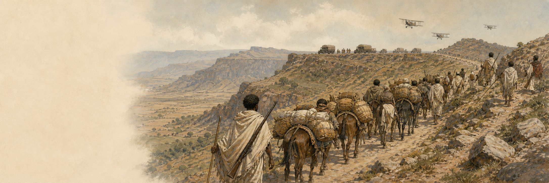 People and pack animals move along an Ethiopian highland road while a vehicle column and aircraft appear in the distance