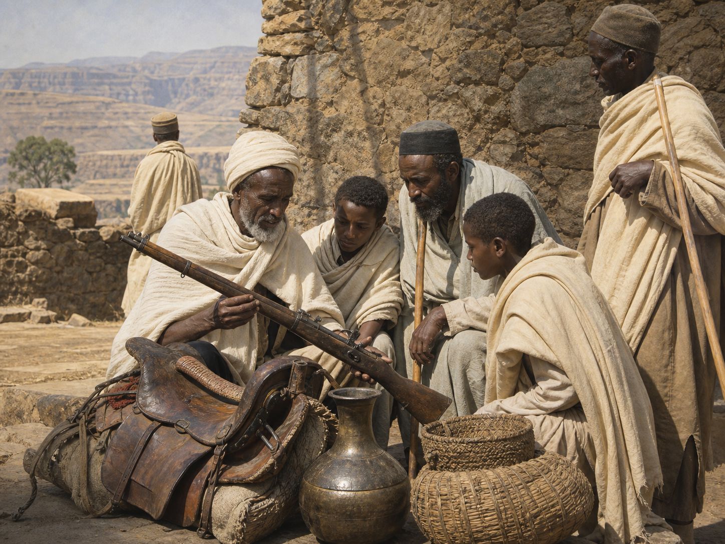 Ethiopian elders and young people discuss news beside an old rifle, saddle, and pottery in a highland settlement