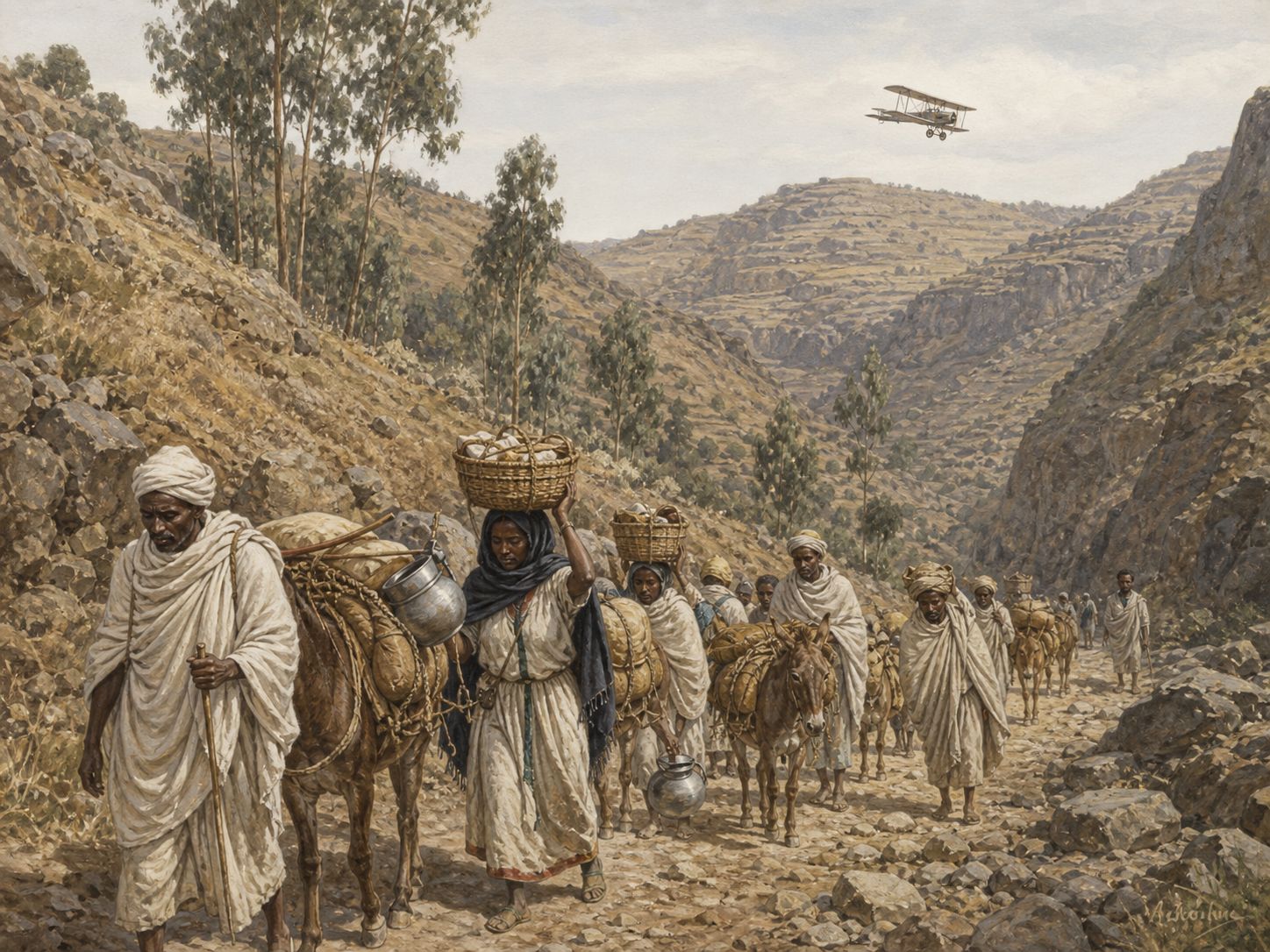 People and pack animals move along a highland supply route with aircraft visible in the distance
