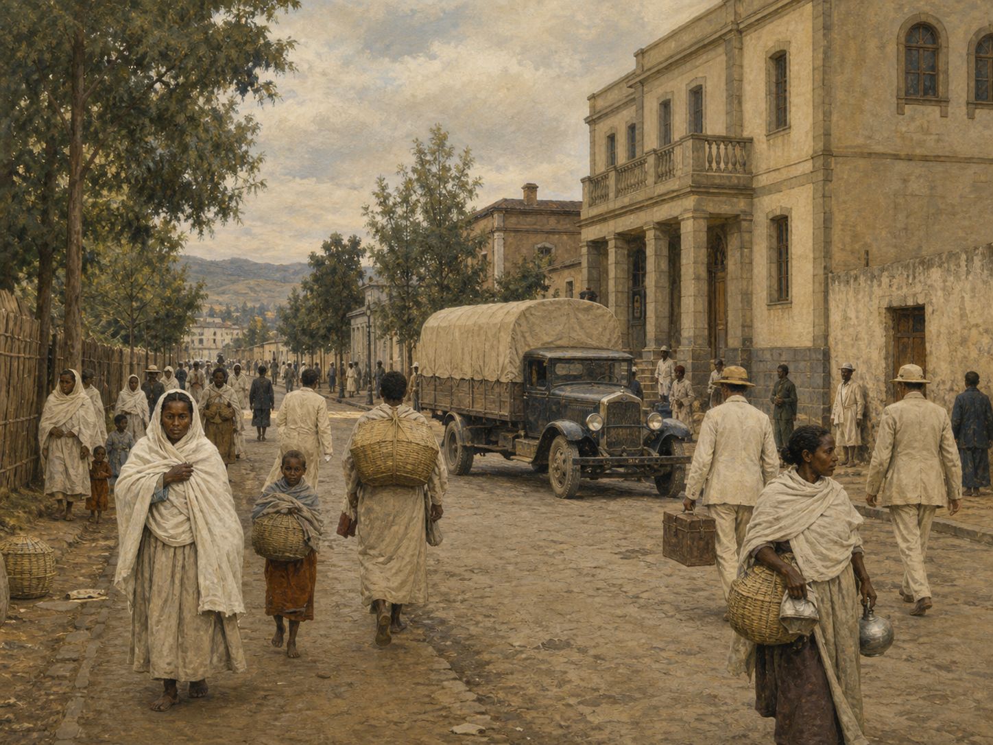 Civilians and a loaded truck appear on an Addis Ababa street