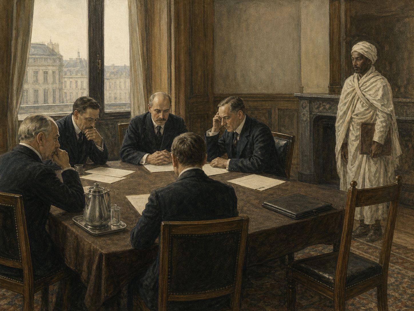 Delegates discuss blank documents at a diplomatic table beside a worker holding recording papers