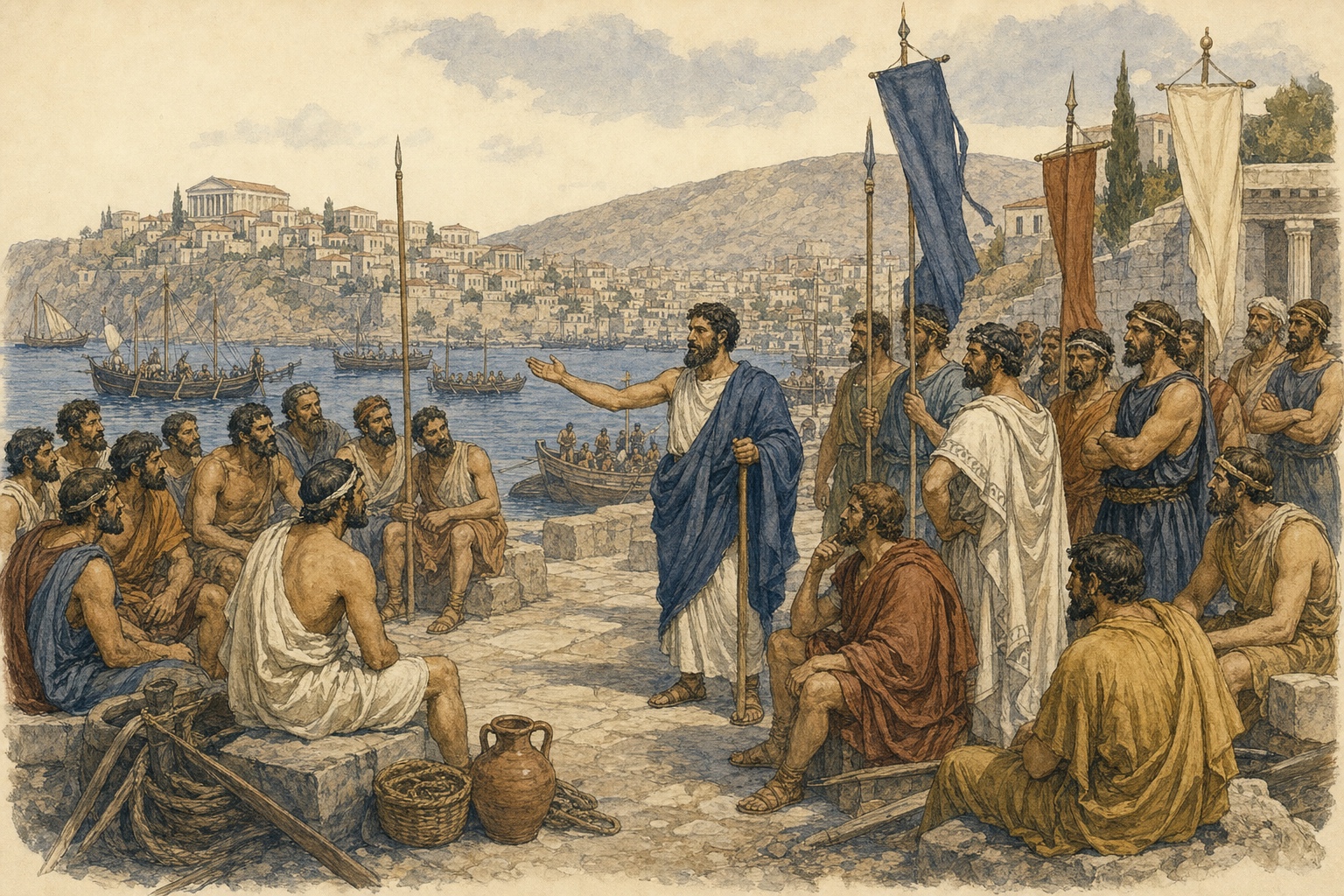 People gathering with raised standards at a harbor among the Greek cities of Asia Minor