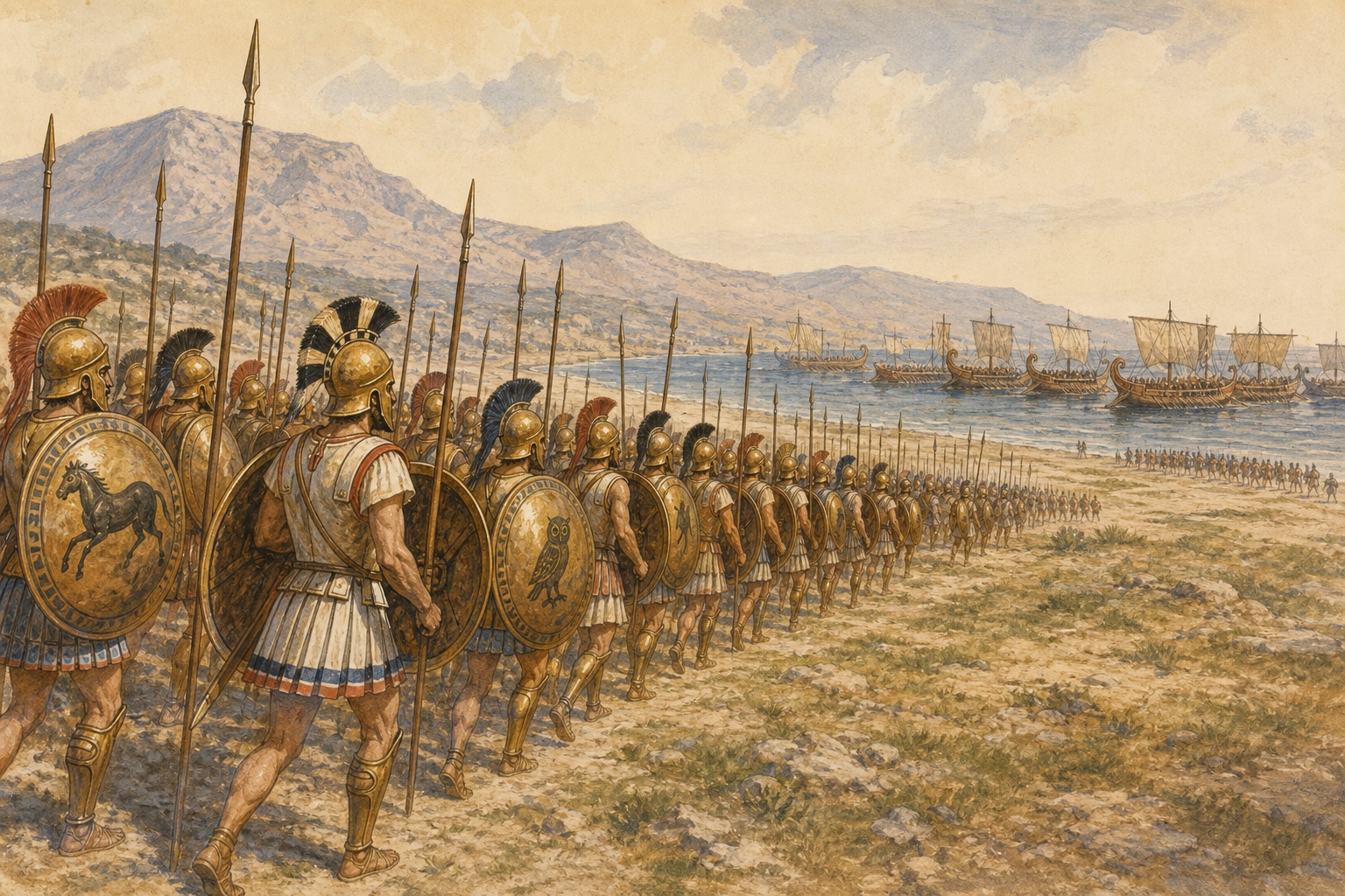 A line of hoplites advancing across a coastal plain