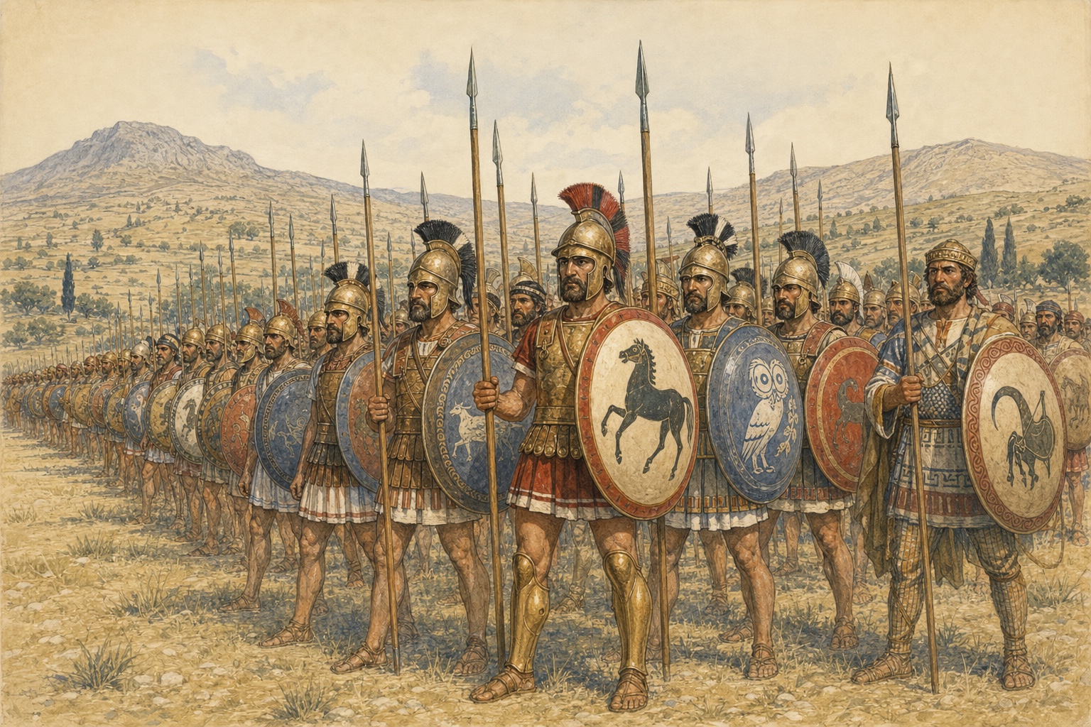 Two infantry lines facing one another across a plain with shields raised
