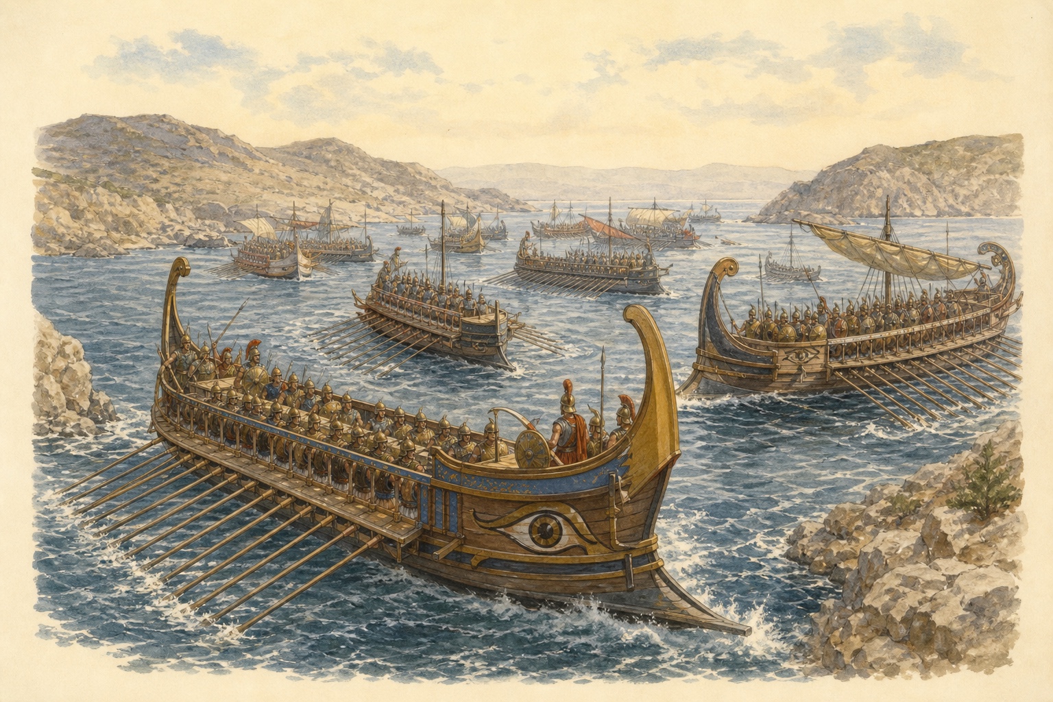 Oared ships changing direction between rocky islands