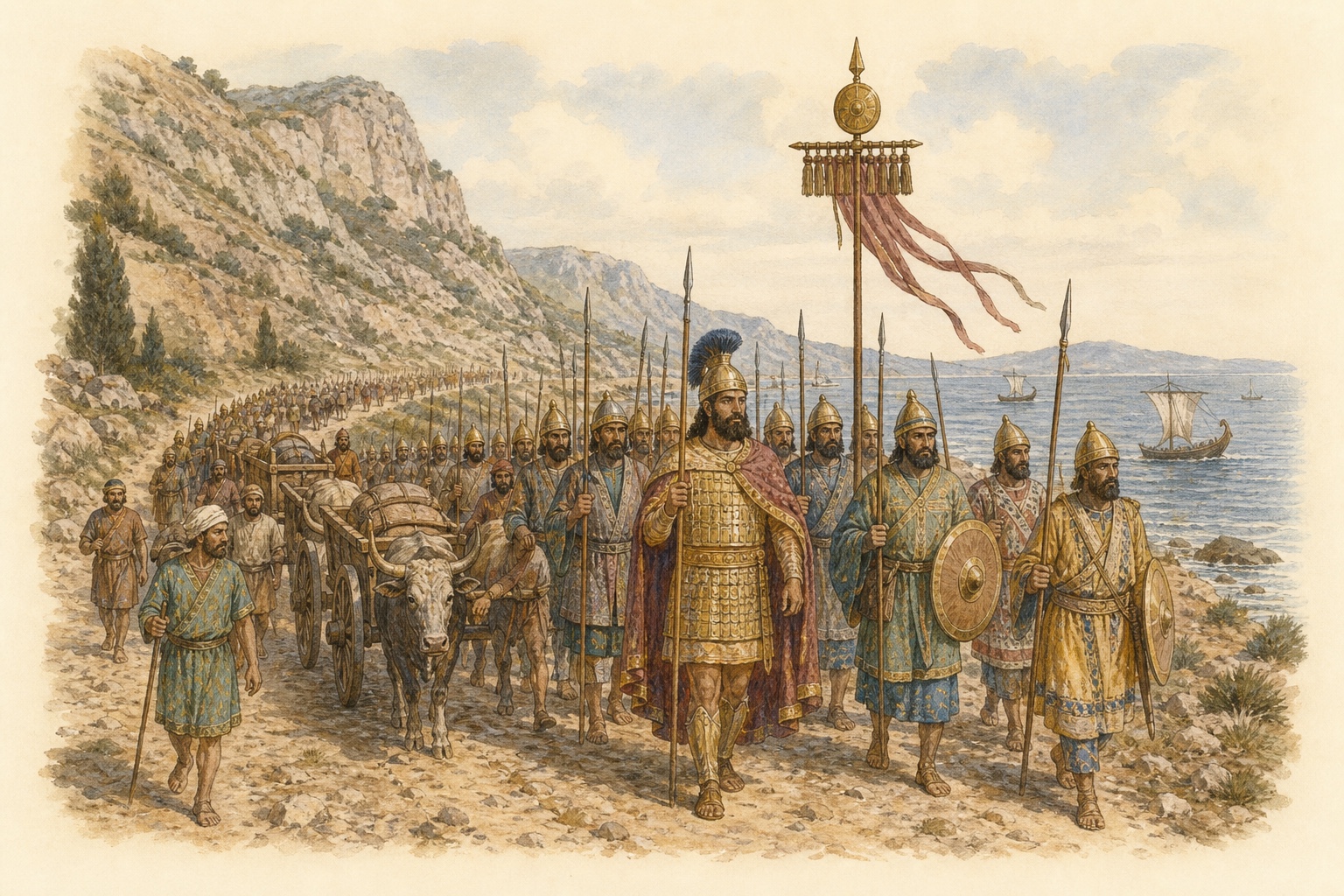 Ancient armies moving together along a mountain road and shoreline