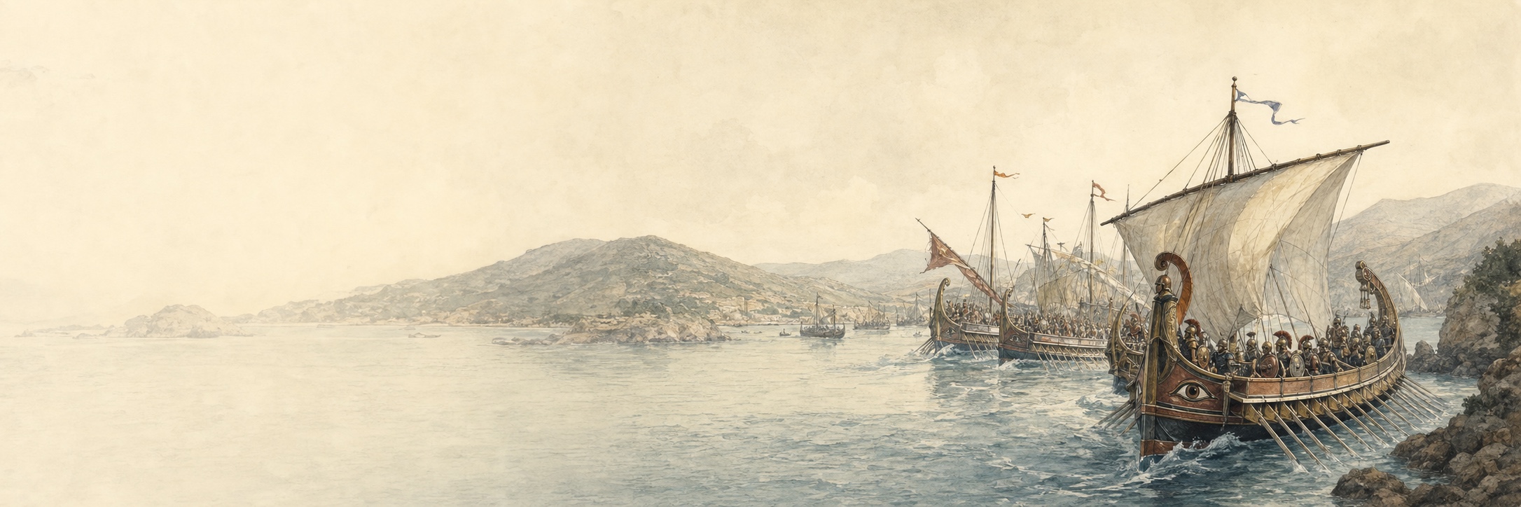 Greek and Persian warships facing across the Salamis straits with coastal hills beyond