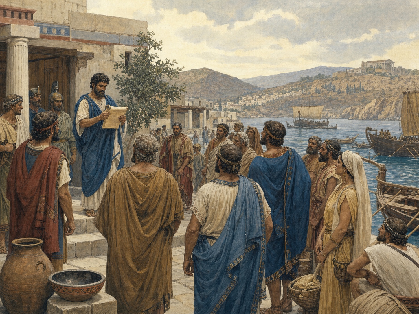 A fleet crossing the Hellespont as people watch the expedition from the shore