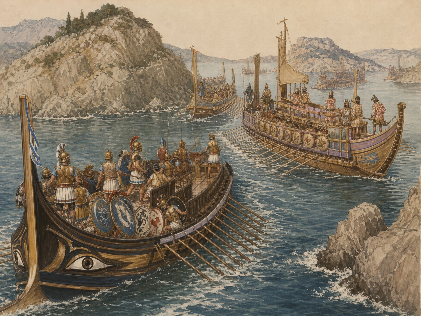 Ancient Greek and Persian warships advancing in close formation through a narrow channel