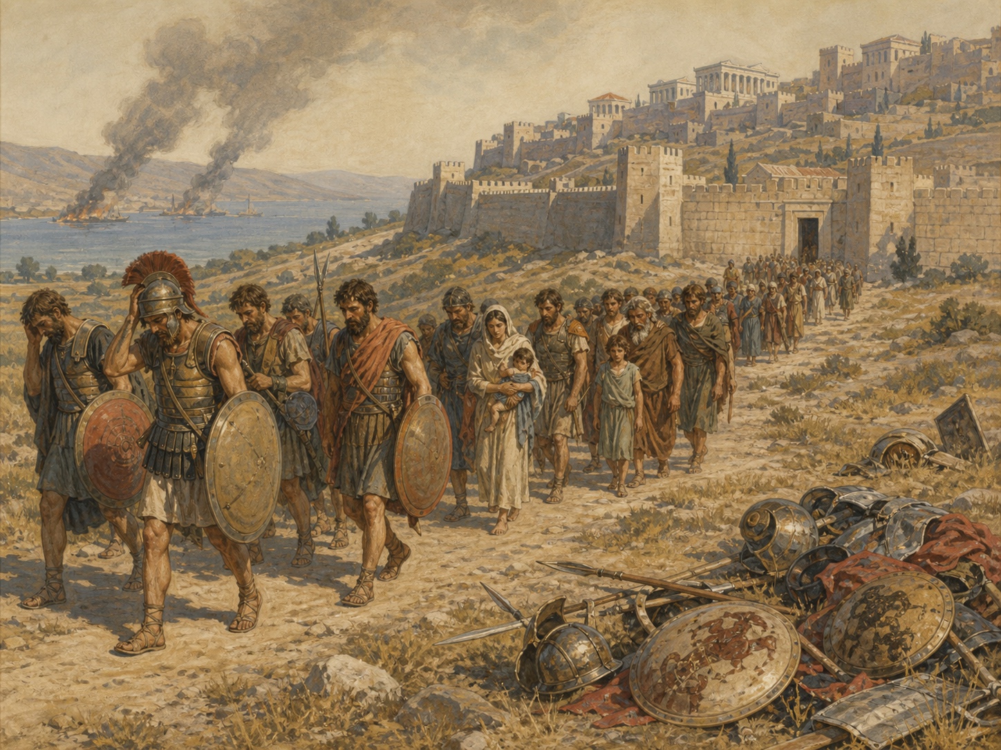 Soldiers and civilians returning toward a walled city with smoke rising over the plain