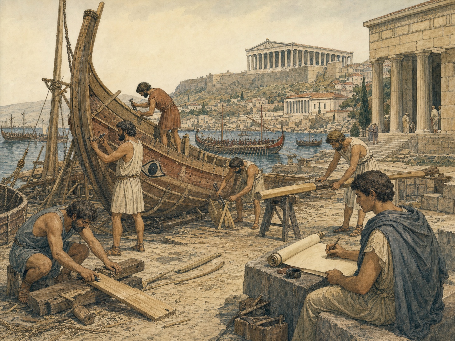 Citizens preparing ship timber at a harbor beside a recorder reading a scroll