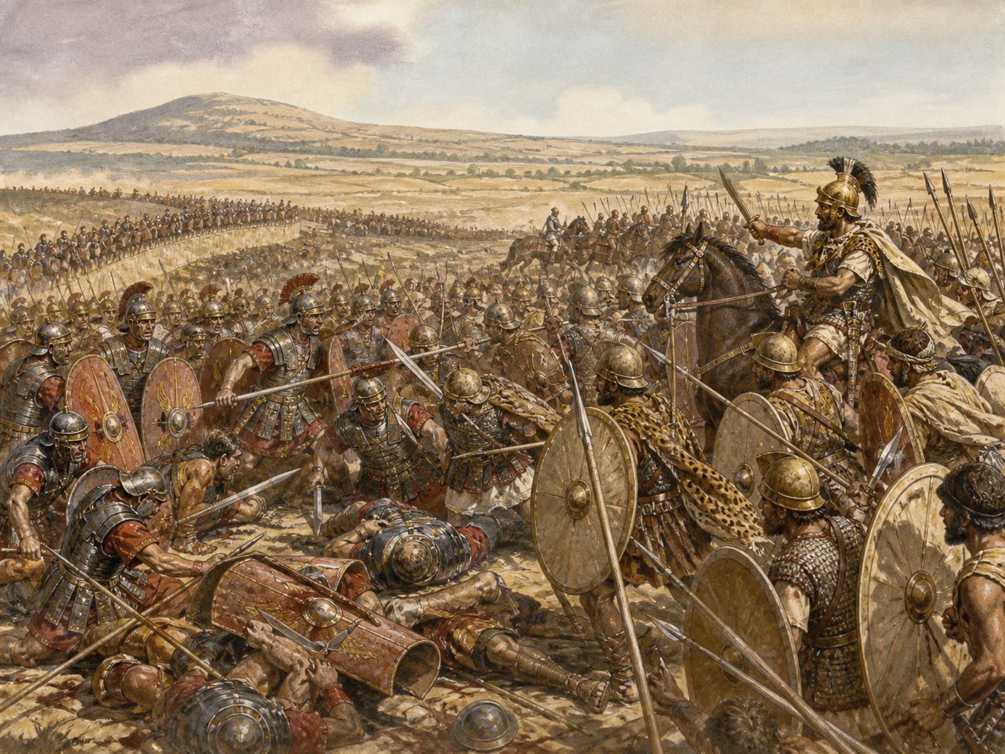 Historical reconstruction of Second Punic War's central action: Hannibal crossed the Alps and won at Trebia, Trasimene, and Cannae.