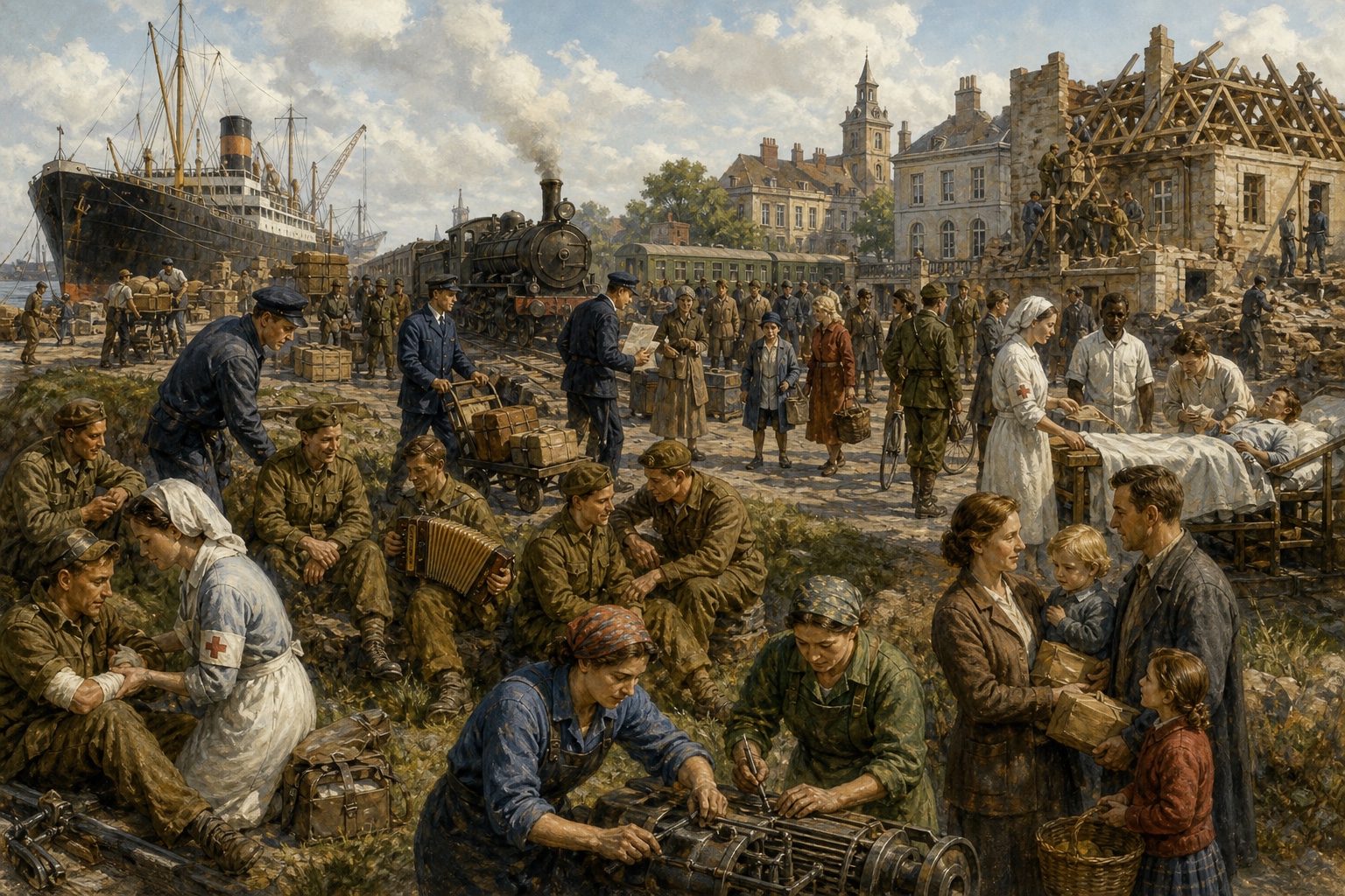 Illustrated reconstruction of civilians carrying belongings through a damaged railway town