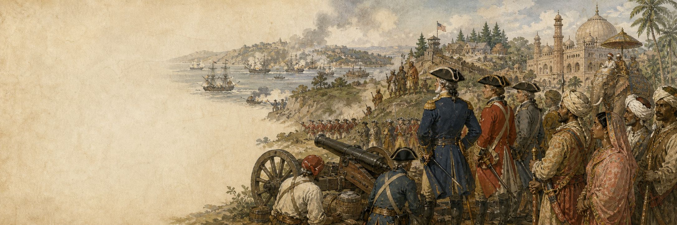 A historical reconstruction of a multi-regional war linking Europe, North America, and India at Europe, North America, and India, showing the setting of Seven Years’ War