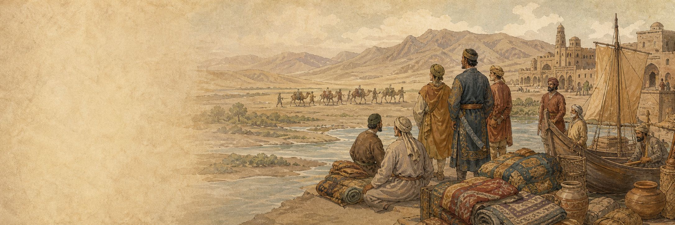 A historical reconstruction of travelers, vessels, and traded goods at the Tarim Basin and Central Asia, showing the setting of Expansion of Silk Road Exchange