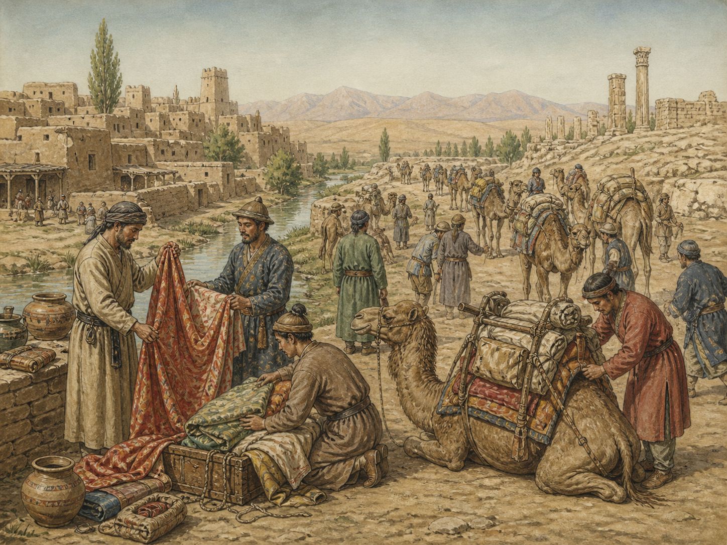 Historical reconstruction of Expansion of Silk Road Exchange's background: In and around the Tarim Basin and Central Asia, the setting took shape as Overland routes linking Han China with Central and West Asian powers carried silk, horses, metals, religions, and technologies.