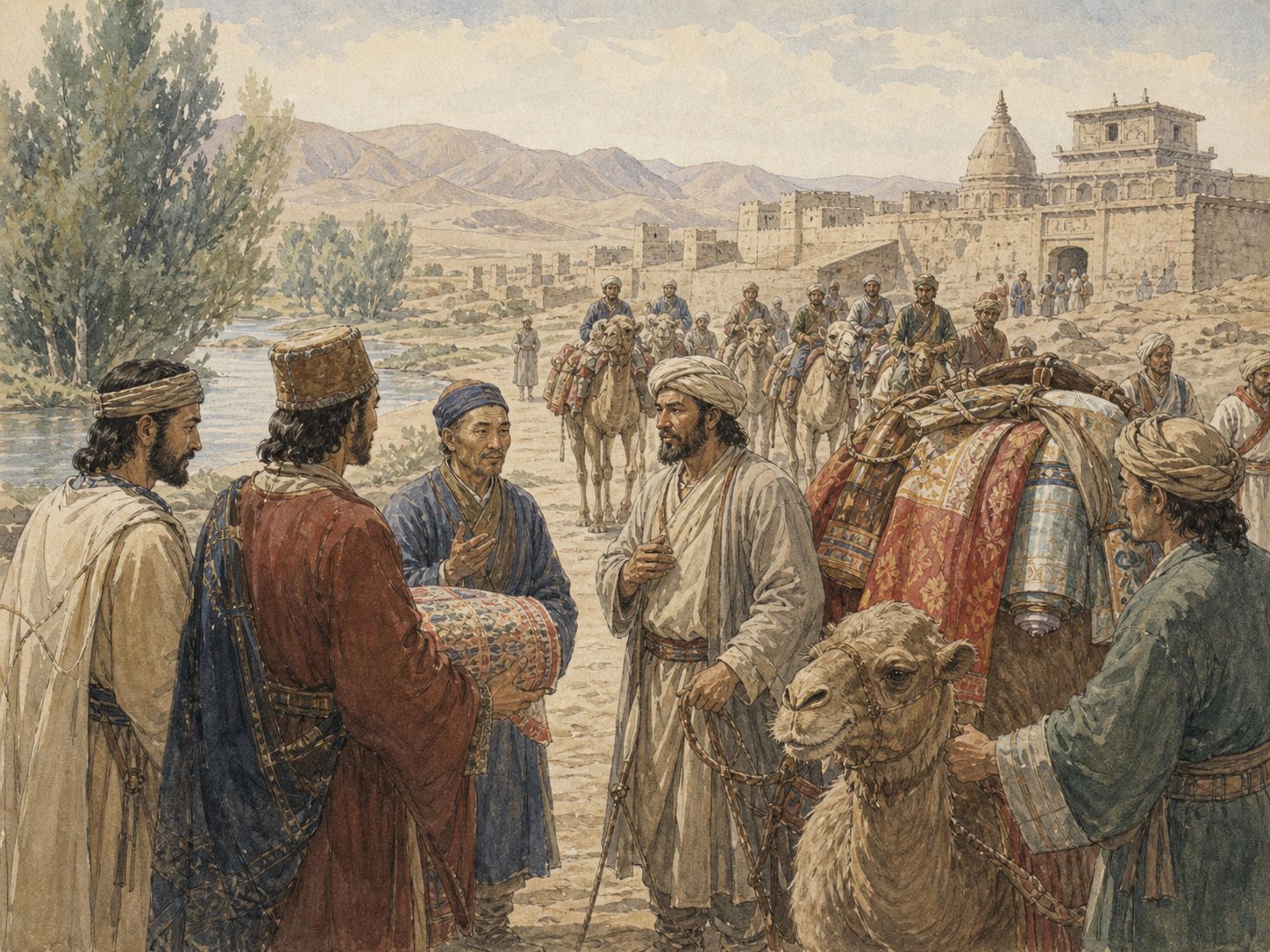 Historical reconstruction of Expansion of Silk Road Exchange's central action: Overland routes linking Han China with Central and West Asian powers carried silk, horses, metals, religions, and technologies.